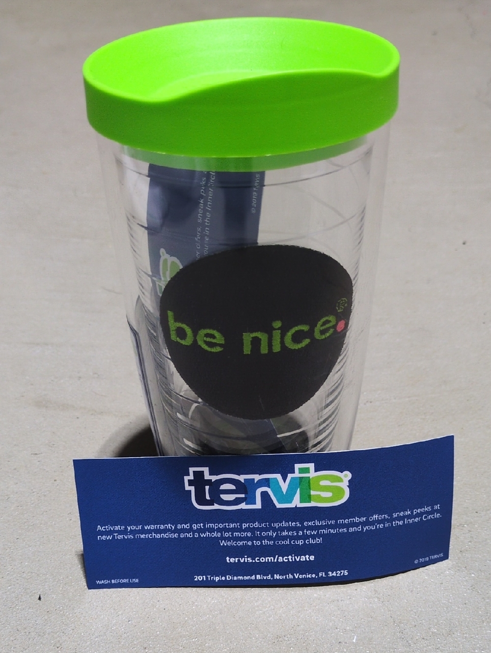 tervis Clear Tumbler with Bright Green Lid and 'be nice.' Graphic